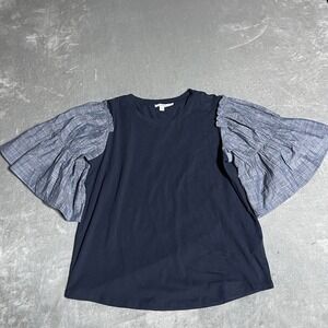 Chicos Top Womens Medium Blue‎ Flare Bell Sleeve Stretch Boho Preppy